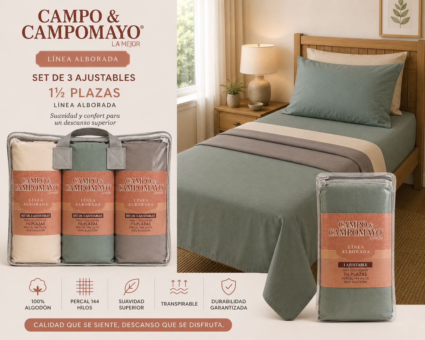 SABANAS AJUSTABLE SET X3 100 ALGODON 800 HILOS 1 PLAZA Y MEDIA - Imagen 3
