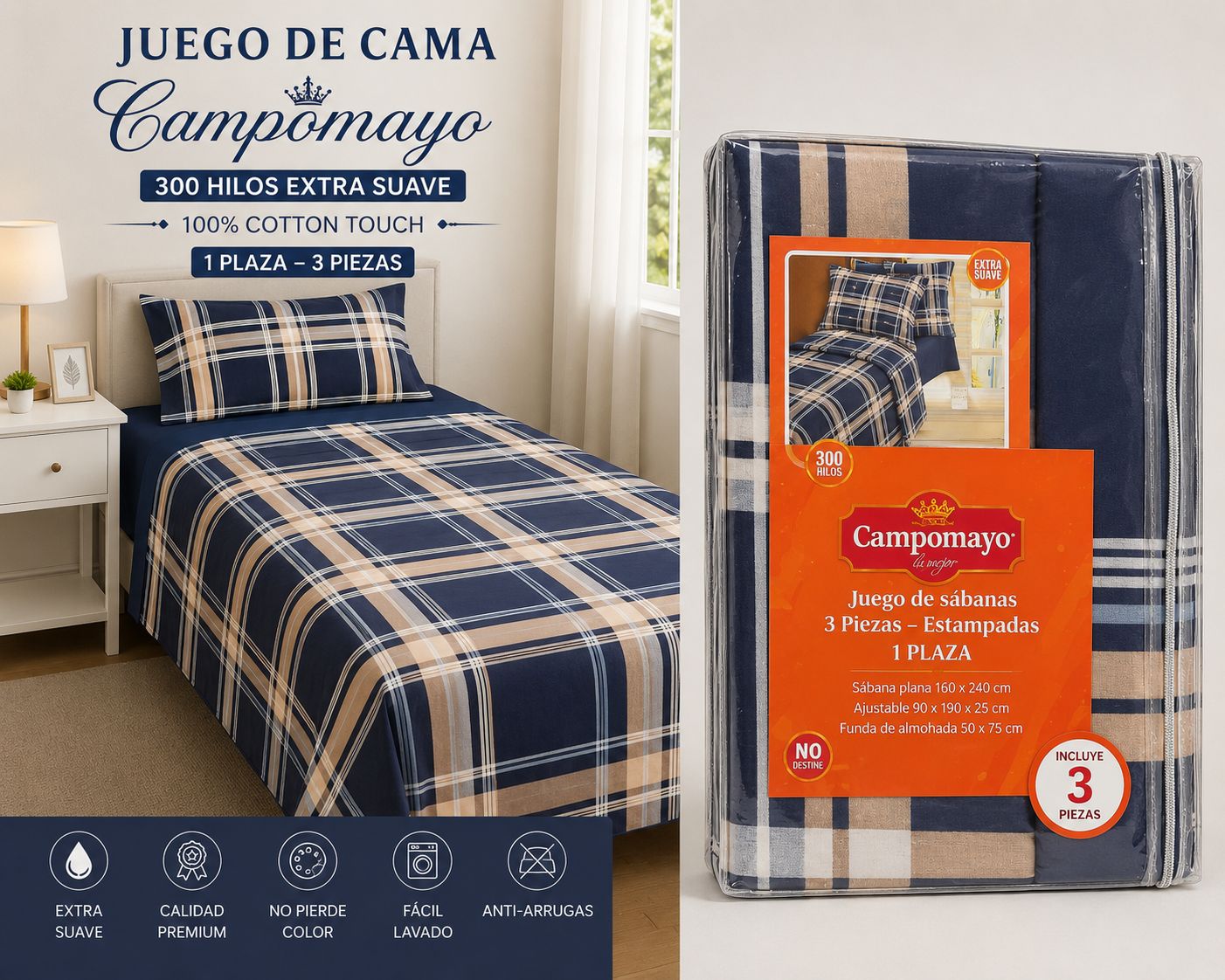 juegos de sabana campomayo 300 hilos 1 PLAZA Y MEDIA 4 piezas 100% ALGODON - Imagen 5