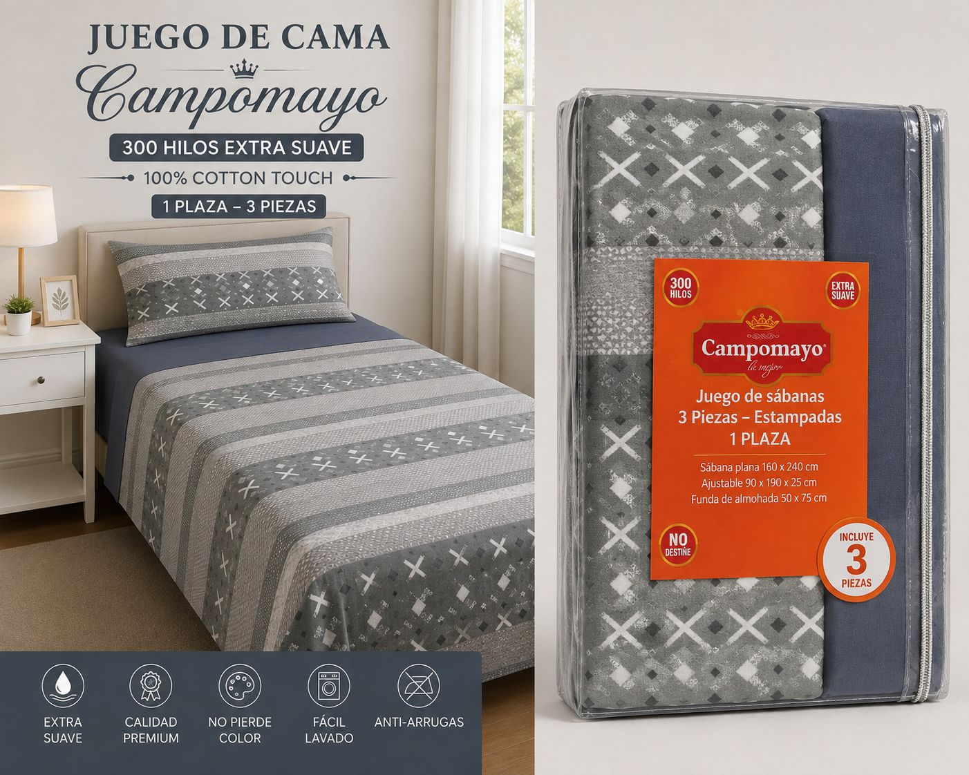 juegos de sabana campomayo 300 hilos 1 PLAZA Y MEDIA 4 piezas 100% ALGODON - Imagen 4
