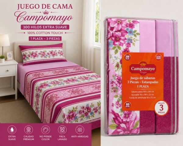 juegos de sabana campomayo 300 hilos 1 PLAZA Y MEDIA 4 piezas 100% ALGODON - Imagen 3