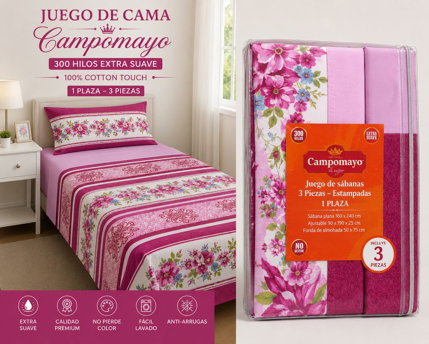 juegos de sabana campomayo 300 hilos 1 PLAZA Y MEDIA 4 piezas 100% ALGODON - Imagen 3