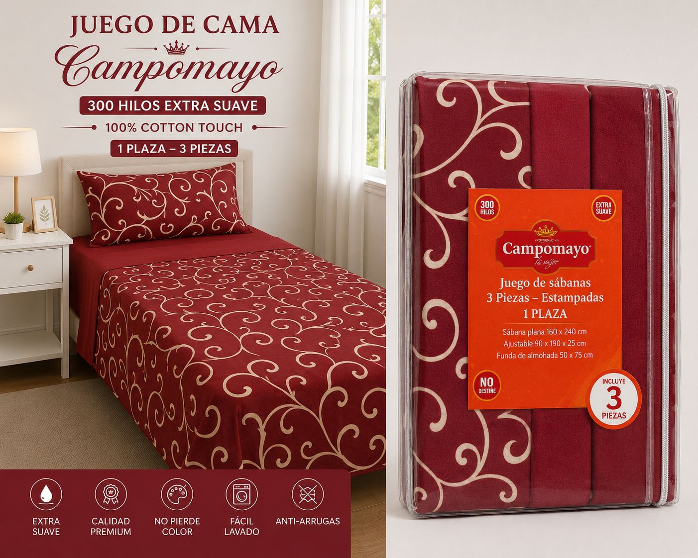 juegos de sabana campomayo 300 hilos 1 PLAZA Y MEDIA 4 piezas 100% ALGODON - Imagen 2