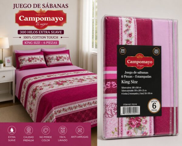 JUEGOS DE SABANA CAMPOMAYO 300H 6 PIEZAS KING ESTAMPADAS 100% ALGODON - Imagen 5