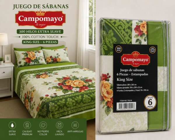 JUEGOS DE SABANA CAMPOMAYO 300H 6 PIEZAS KING ESTAMPADAS 100% ALGODON - Imagen 4