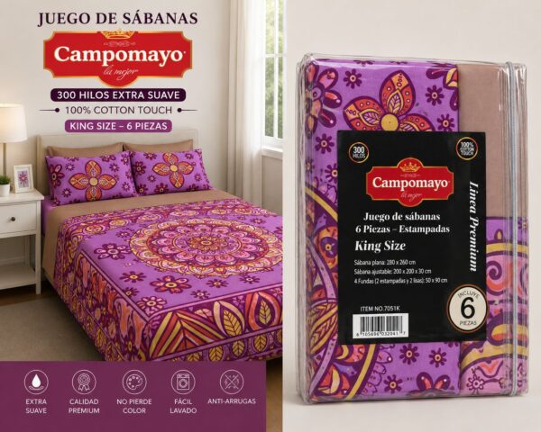 JUEGOS DE SABANA CAMPOMAYO 300H 6 PIEZAS KING ESTAMPADAS 100% ALGODON