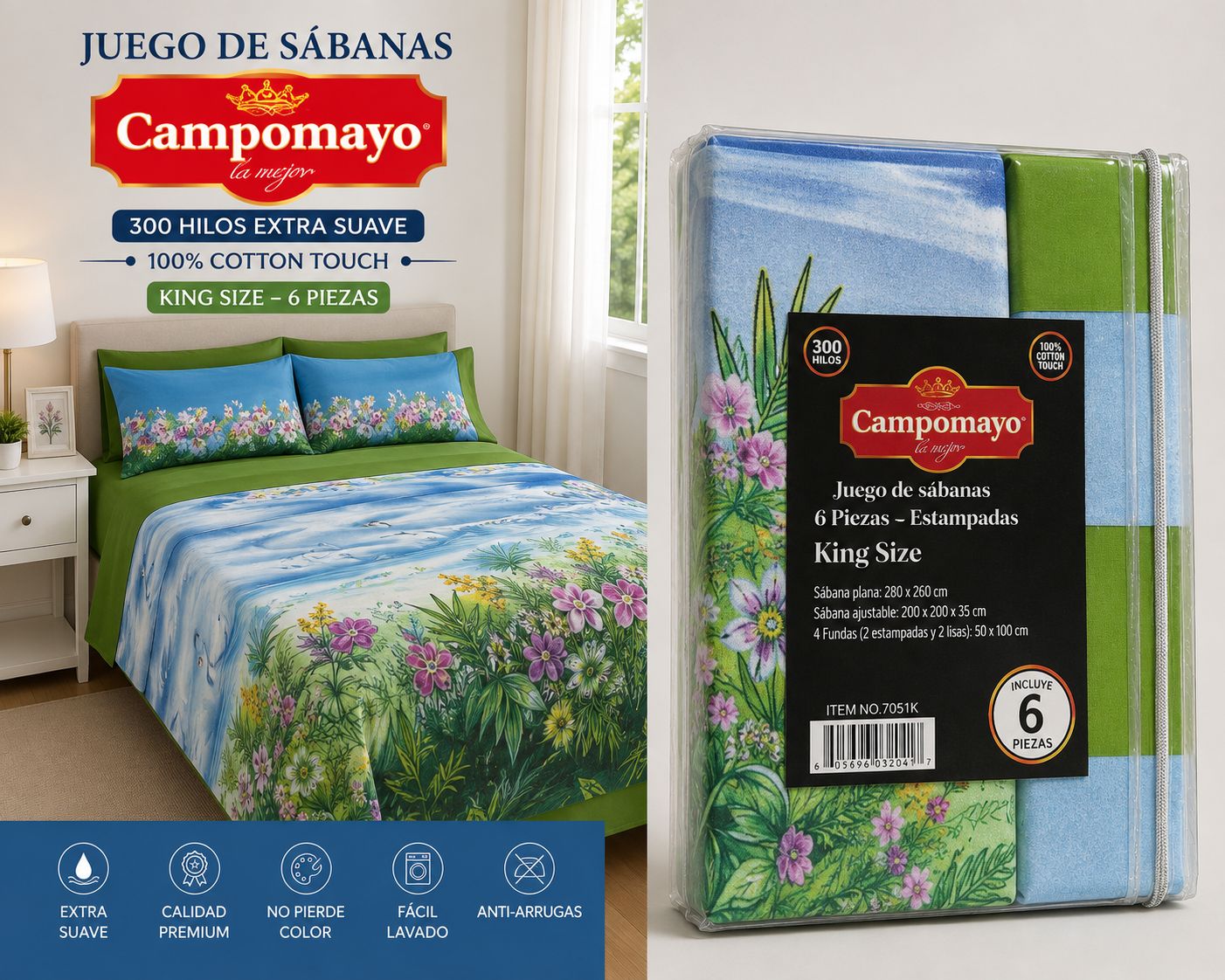 JUEGOS DE SABANA CAMPOMAYO 300H 6 PIEZAS KING ESTAMPADAS 100% ALGODON - Imagen 2