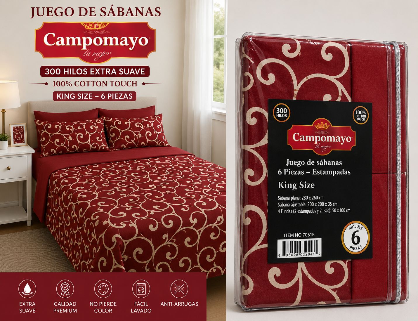 JUEGOS DE SABANA CAMPOMAYO 300H 6 PIEZAS KING ESTAMPADAS 100% ALGODON - Imagen 3