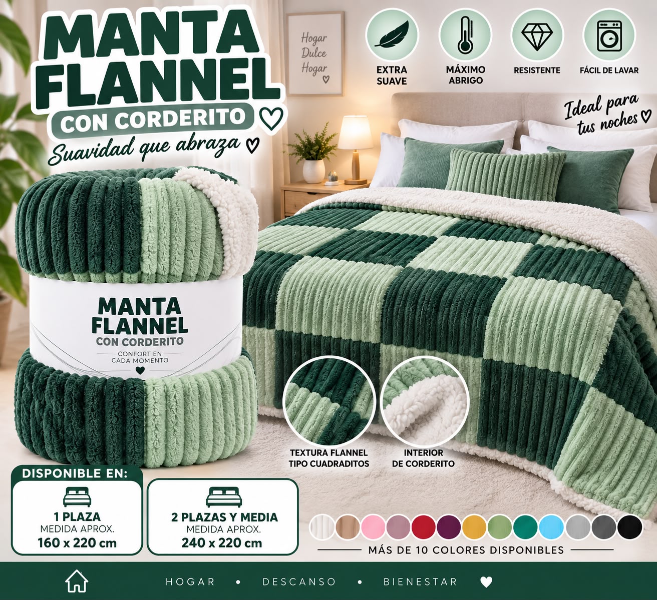 MANTAS FLANNEL CUADRADITOS CON CORDERITOS - Imagen 6