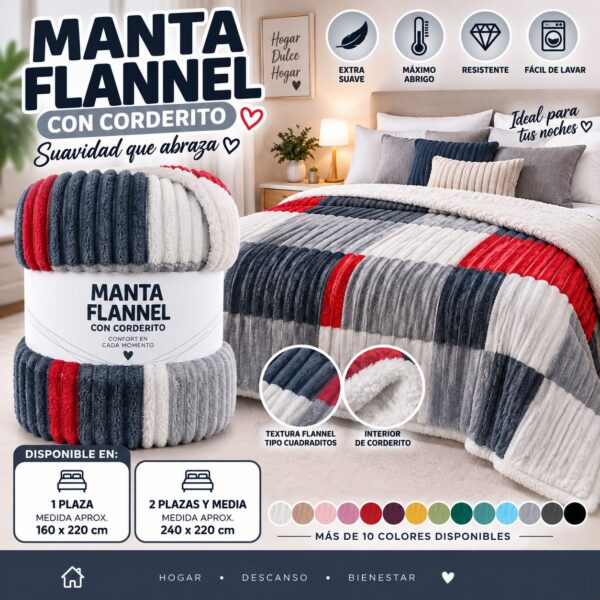 MANTAS FLANNEL CUADRADITOS CON CORDERITOS - Imagen 7