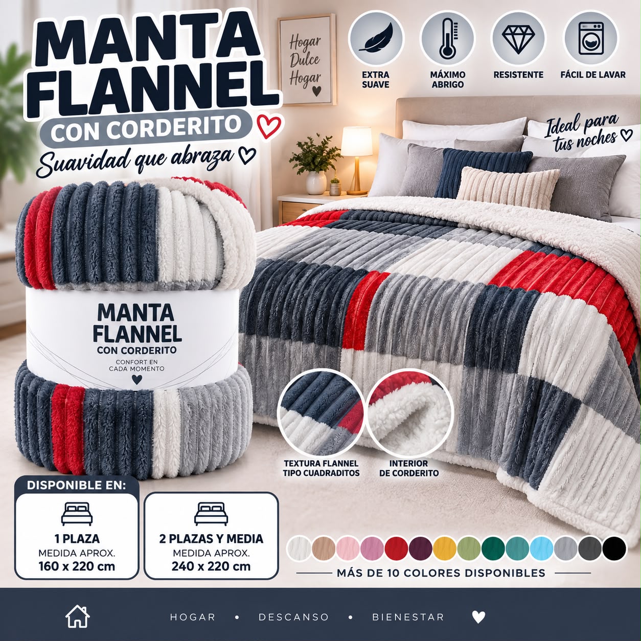 MANTAS FLANNEL CUADRADITOS CON CORDERITOS - Imagen 7