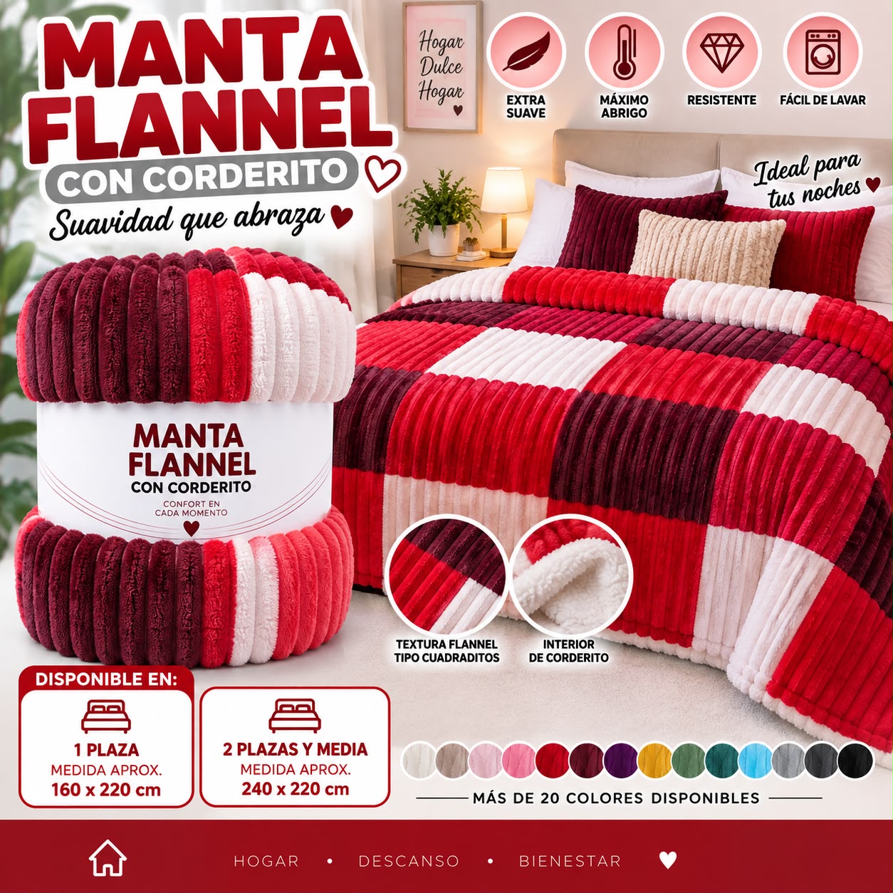 MANTAS FLANNEL CUADRADITOS CON CORDERITOS - Imagen 2