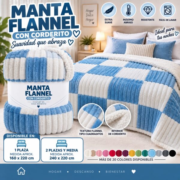 MANTAS FLANNEL CUADRADITOS CON CORDERITOS - Imagen 3