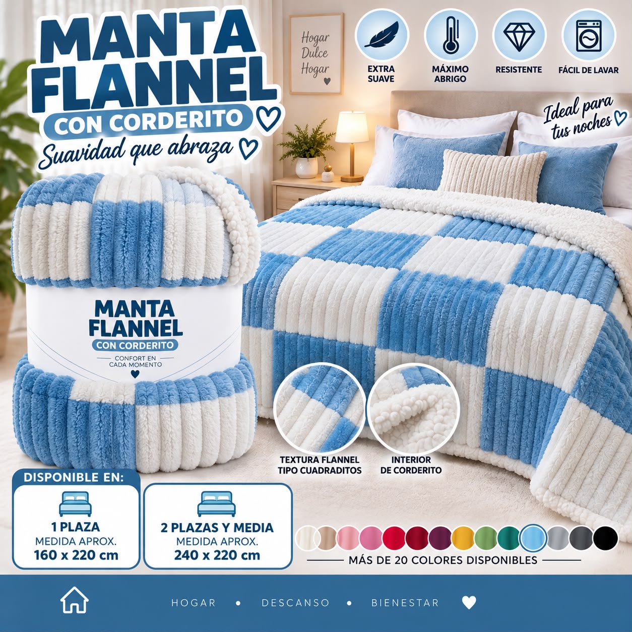 MANTAS FLANNEL CUADRADITOS CON CORDERITOS - Imagen 3