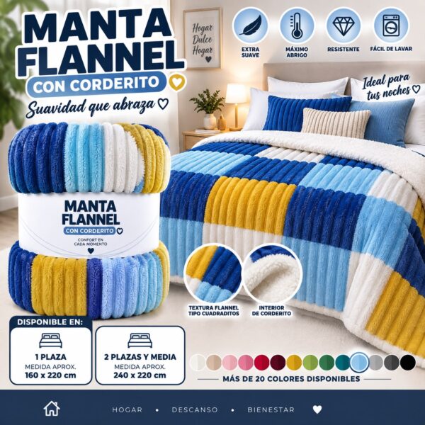 MANTAS FLANNEL CUADRADITOS CON CORDERITOS - Imagen 4