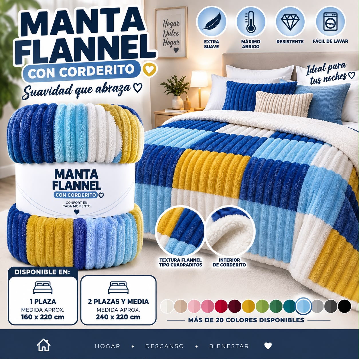 MANTAS FLANNEL CUADRADITOS CON CORDERITOS - Imagen 4