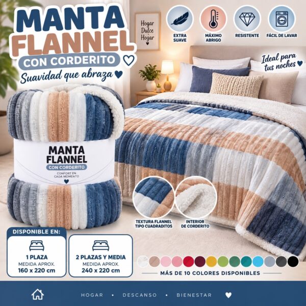 MANTAS FLANNEL CUADRADITOS CON CORDERITOS