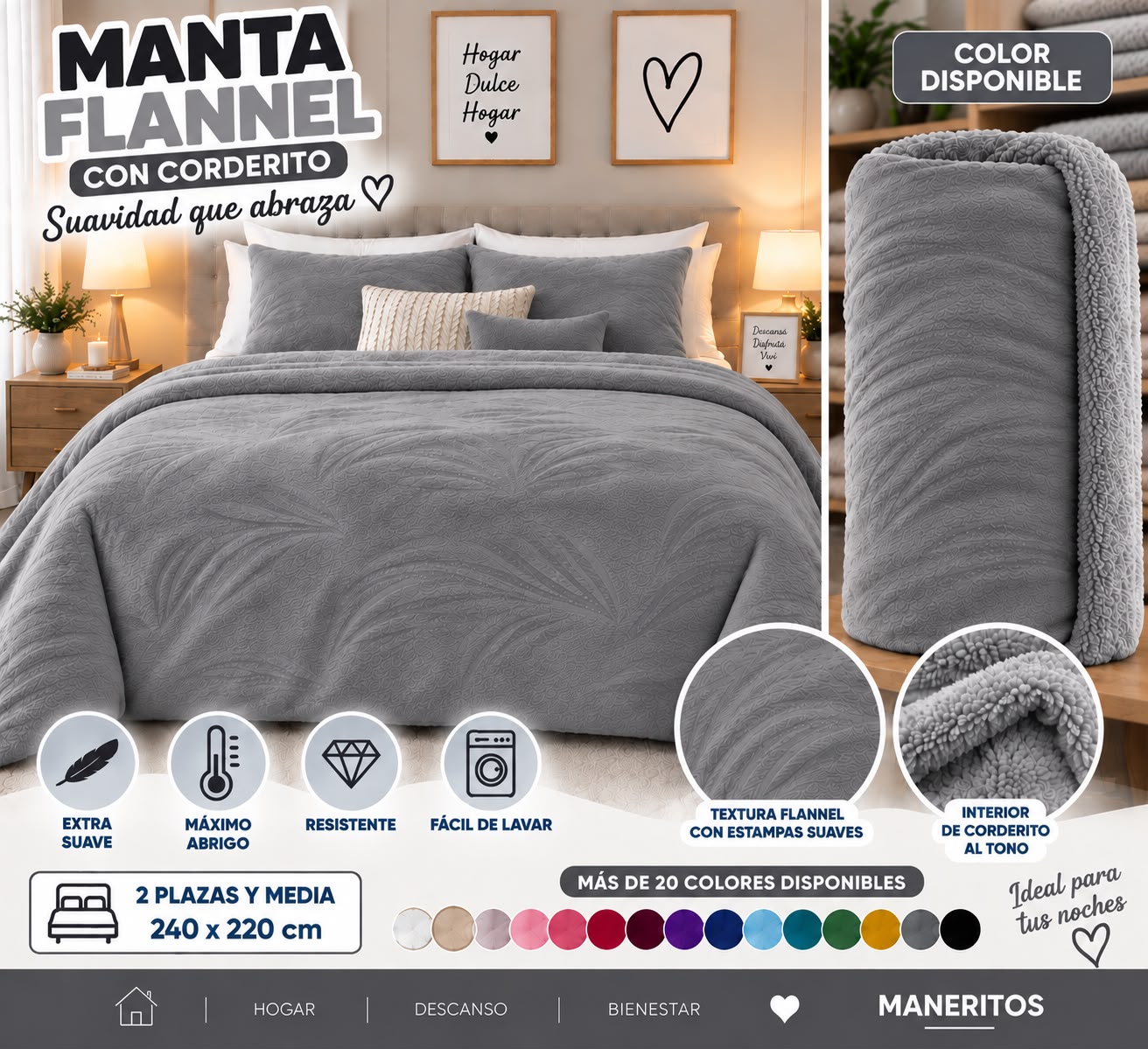 MANTAS FLANNEL CON CORDERITO LISA 220X240 - Imagen 3