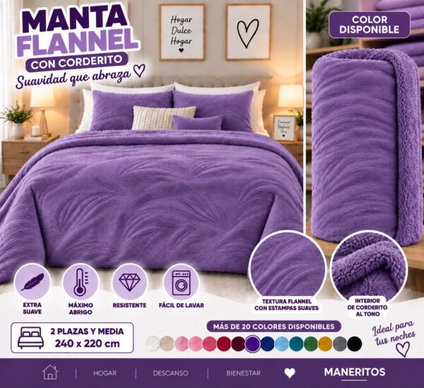 MANTAS FLANNEL CON CORDERITO LISA 220X240 - Imagen 5