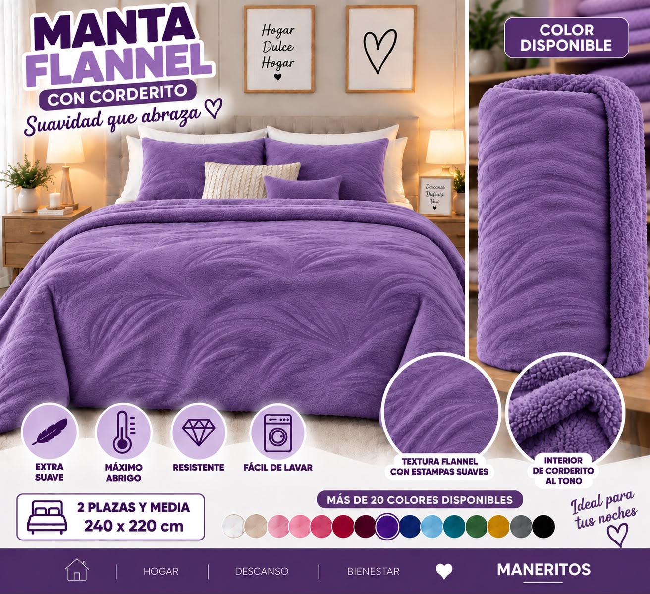MANTAS FLANNEL CON CORDERITO LISA 220X240 - Imagen 5