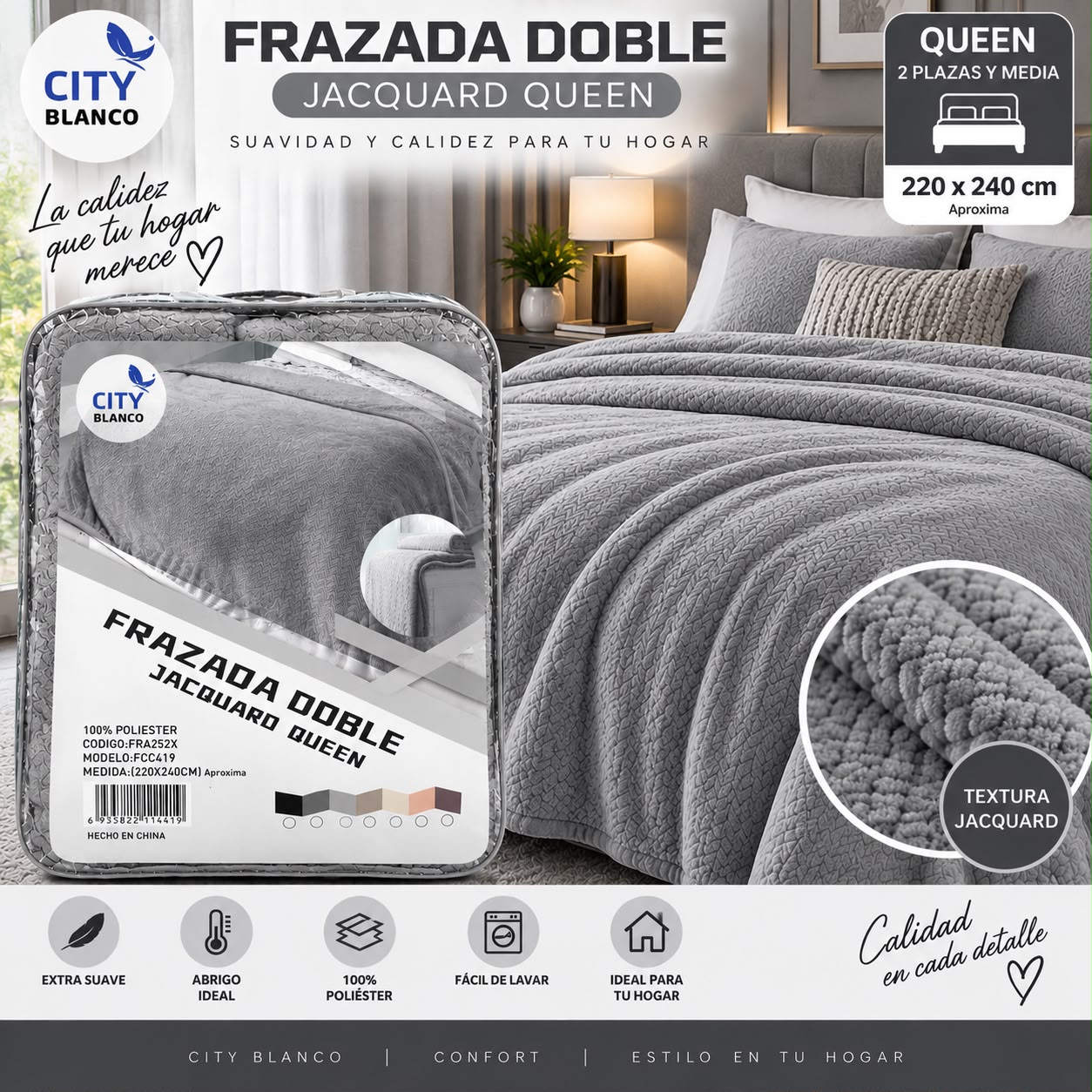 FRAZADA DOBLE JACQUARD QUEEN CON CORDERITO 220X240