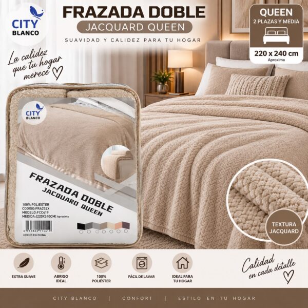 FRAZADA DOBLE JACQUARD QUEEN CON CORDERITO 220X240 - Imagen 4