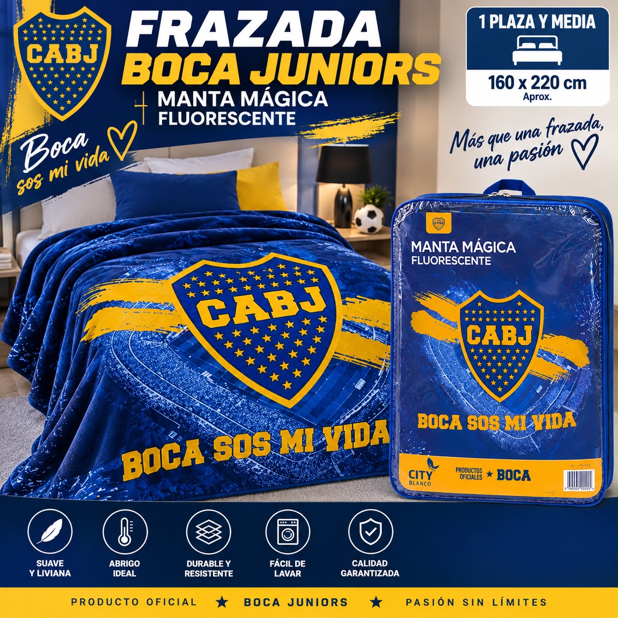 FRAZADA FLUORESENTE BOCA 100% ORIGINAL 1 PLAZA Y MEDIA