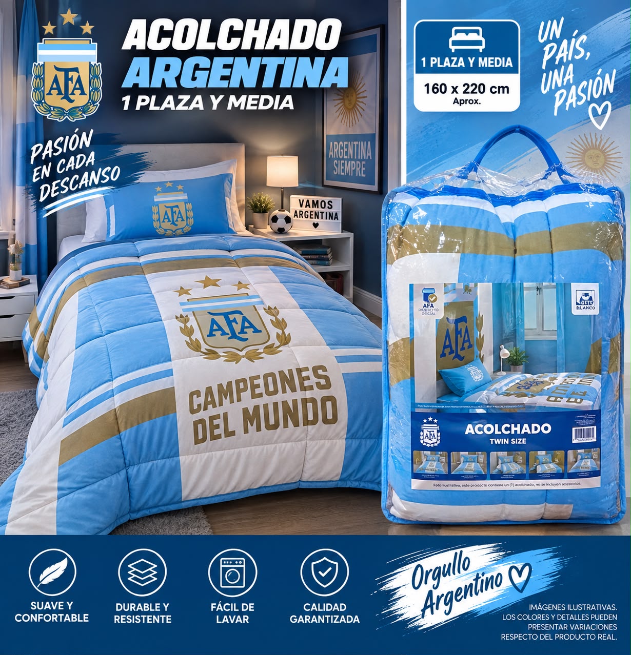 ACOLCHADO DE ARGENTINA AFA 100% ORIGINAL 1 PLAZA Y MEDIA