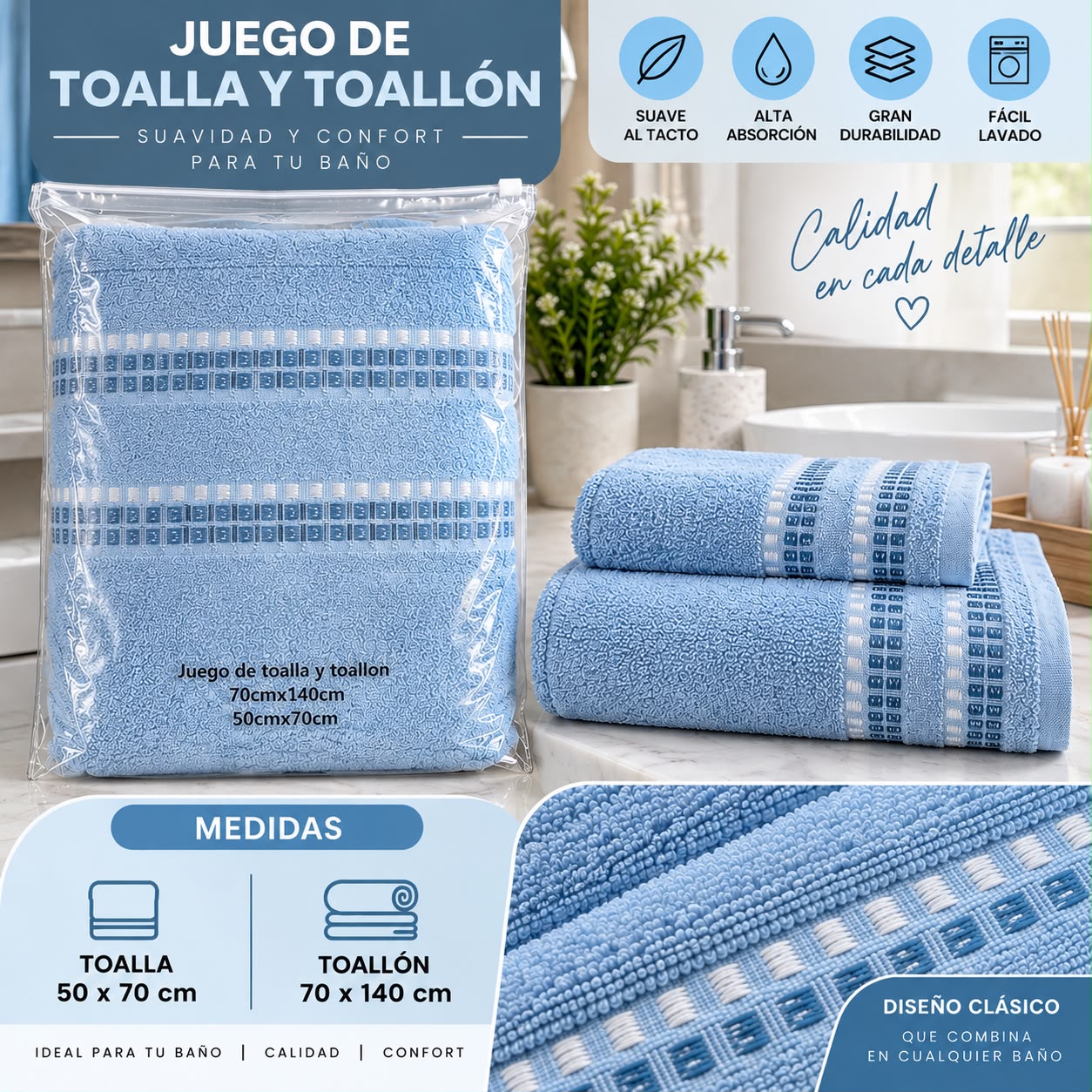 JUEGO DE TOALLA Y TOALLON BLANCO MATEX 100% ALGODON - Imagen 5