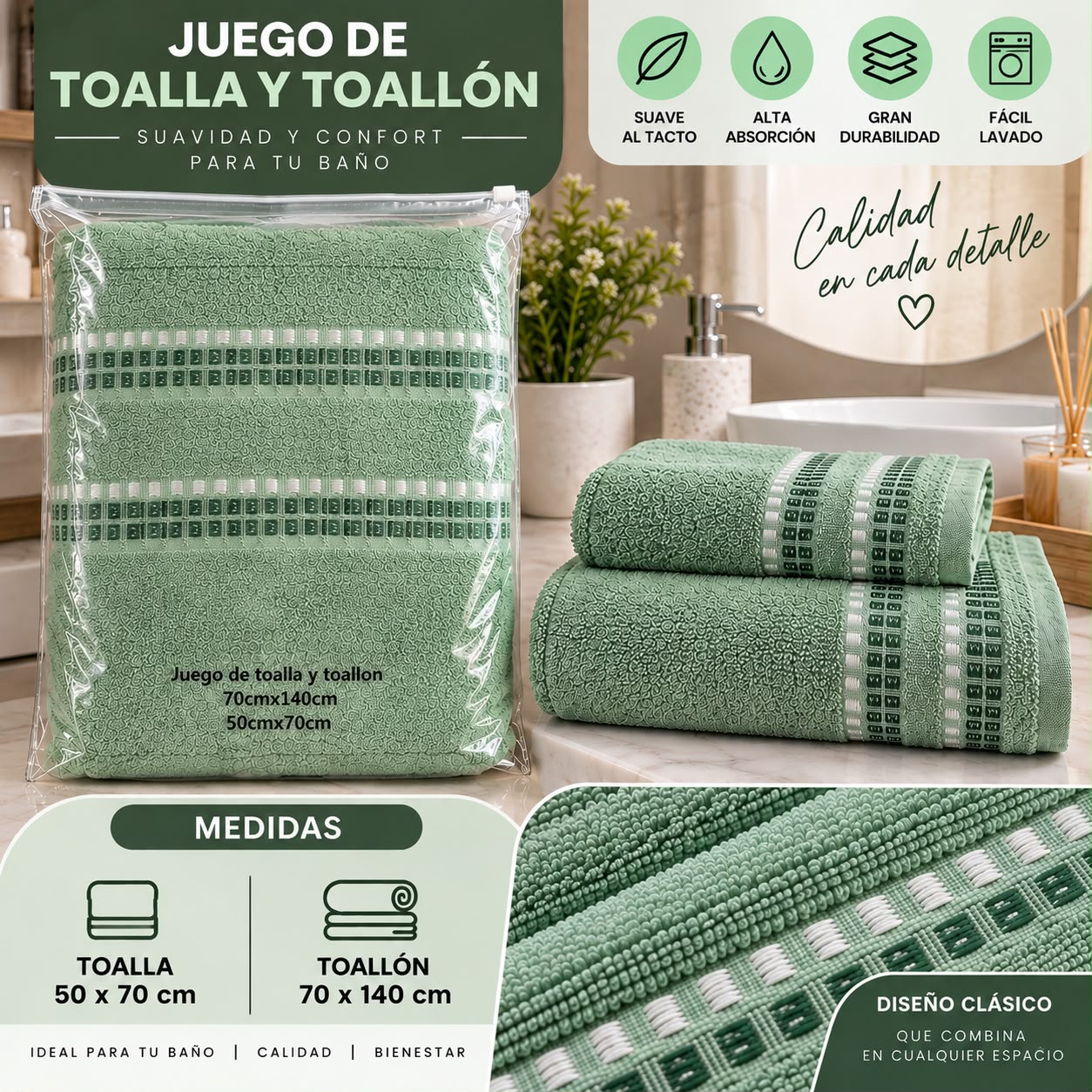 JUEGO DE TOALLA Y TOALLON BLANCO MATEX 100% ALGODON - Imagen 4