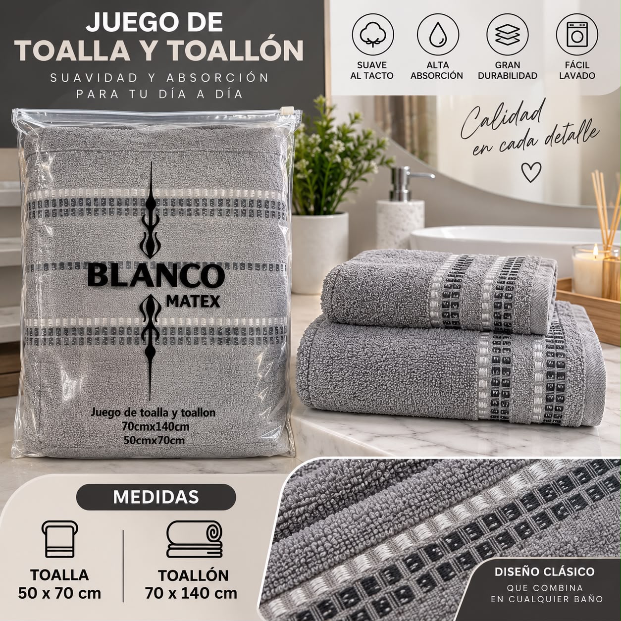JUEGO DE TOALLA Y TOALLON BLANCO MATEX 100% ALGODON - Imagen 6