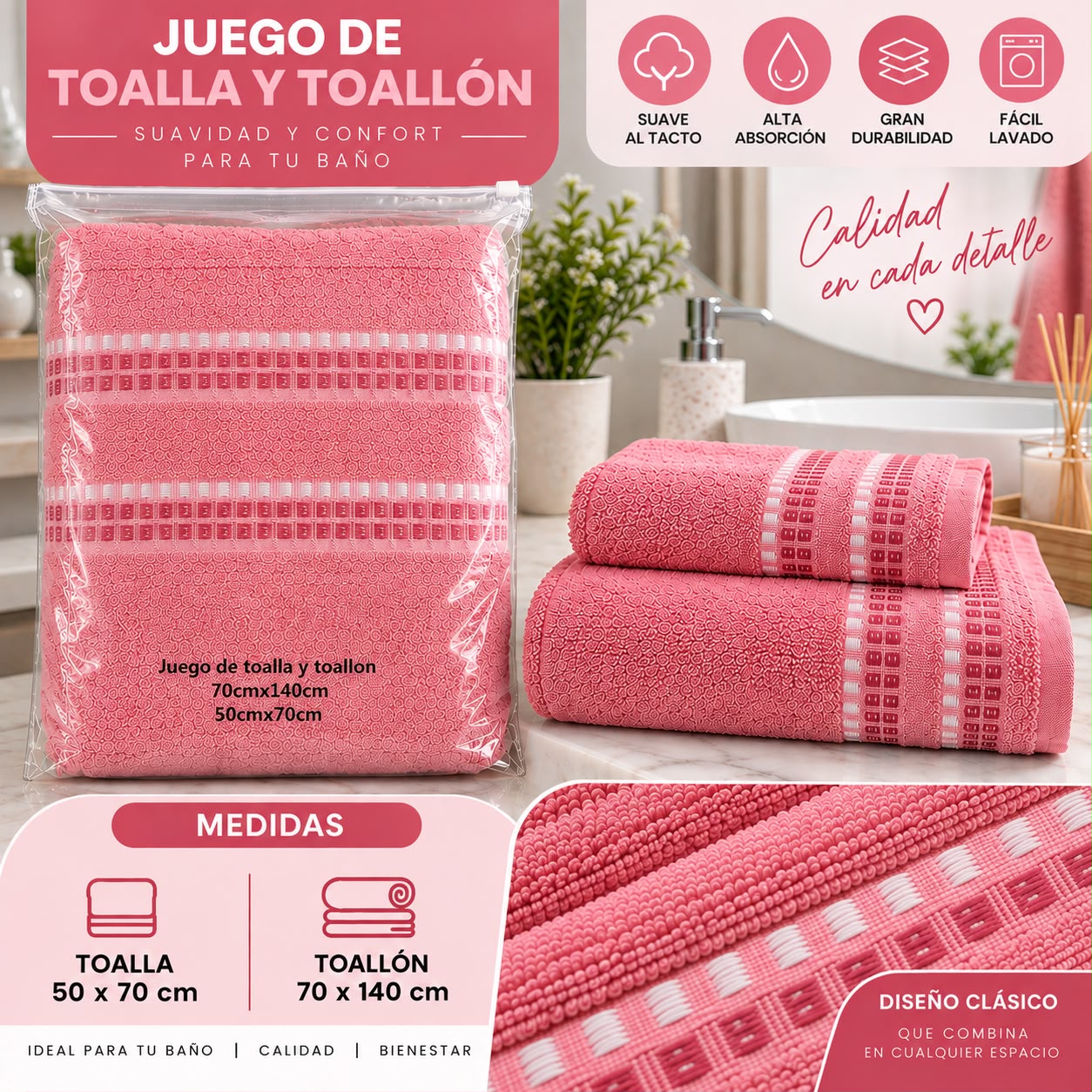 JUEGO DE TOALLA Y TOALLON BLANCO MATEX 100% ALGODON - Imagen 2
