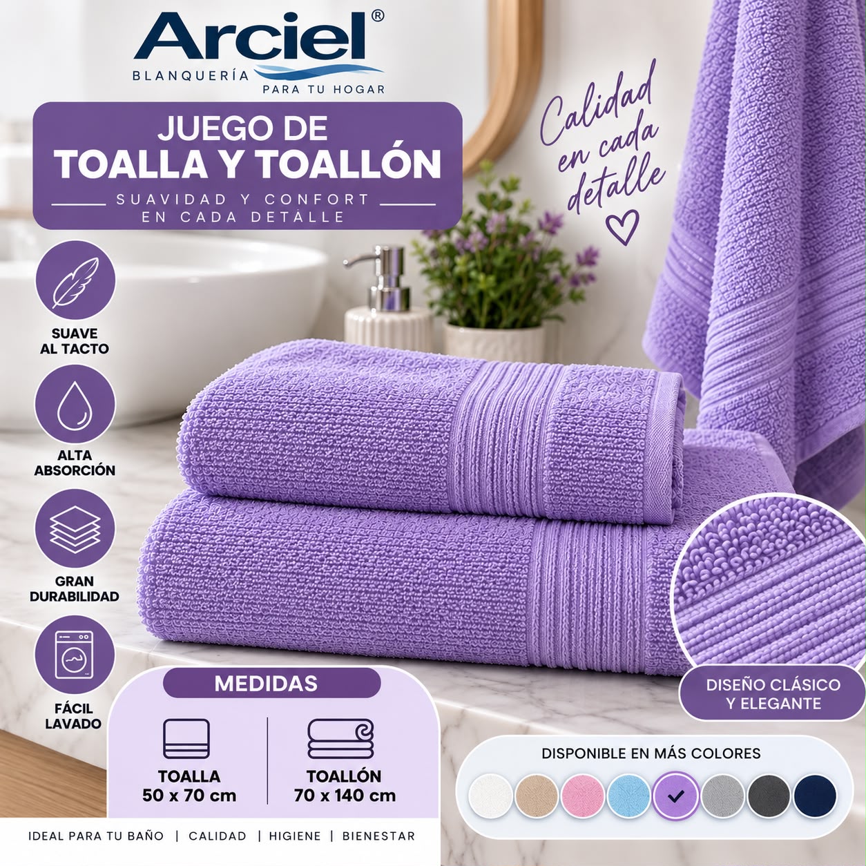 JUEGO DE TOALLA Y TOALLON ARCIEL ARCOIRIS100% ALGODON - Imagen 6