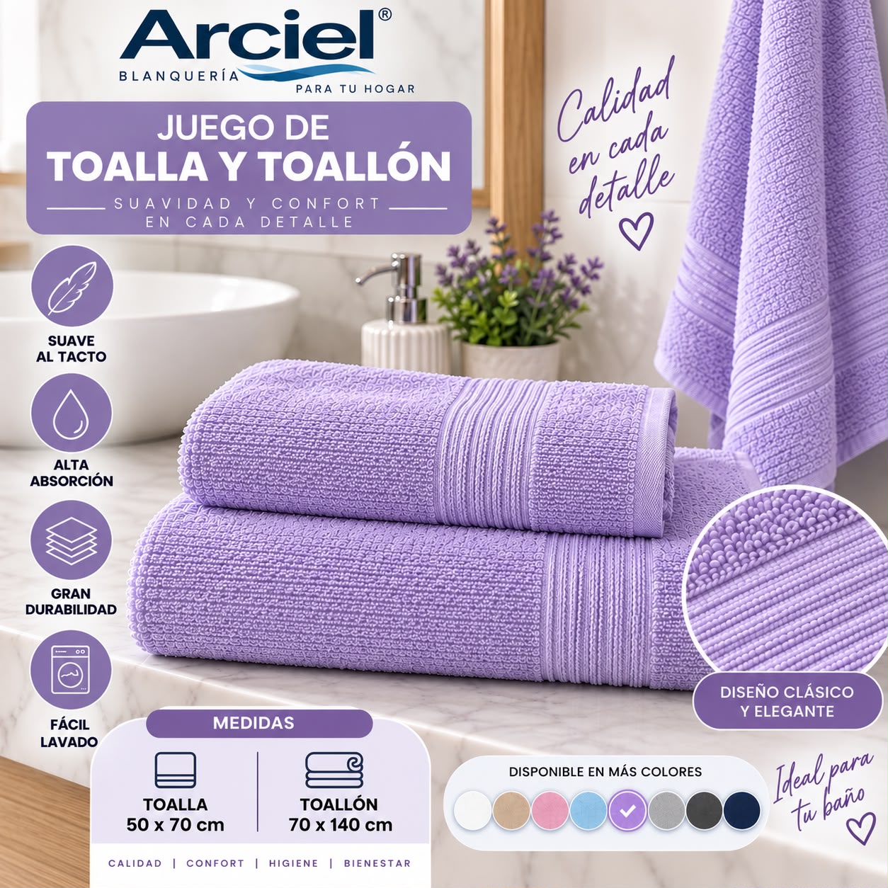 JUEGO DE TOALLA Y TOALLON ARCIEL ARCOIRIS100% ALGODON - Imagen 5