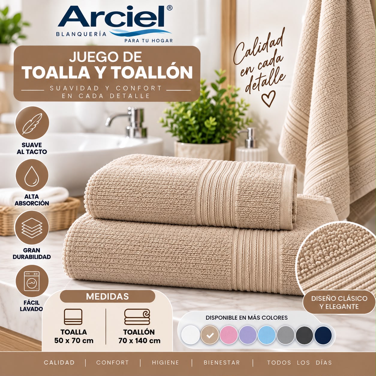 JUEGO DE TOALLA Y TOALLON ARCIEL ARCOIRIS100% ALGODON - Imagen 2