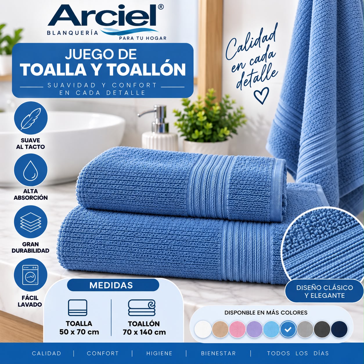 JUEGO DE TOALLA Y TOALLON ARCIEL ARCOIRIS100% ALGODON - Imagen 3
