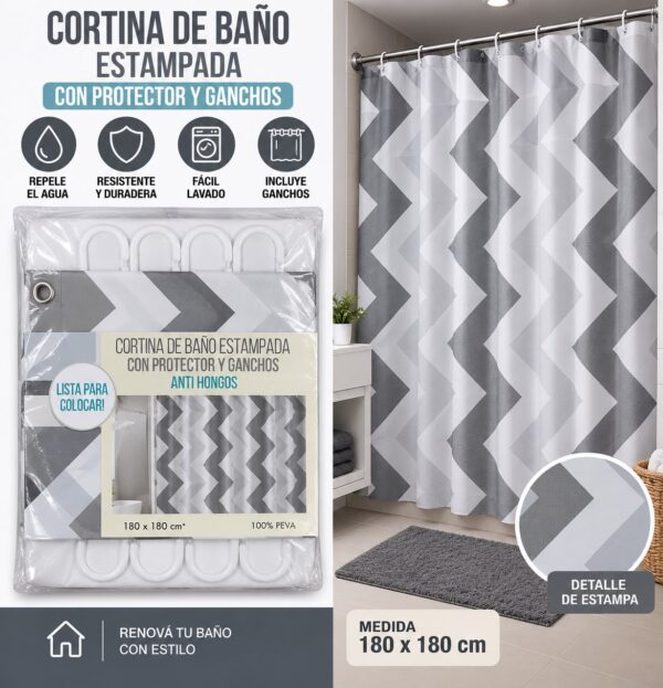 CORTINAS DE BAÑO TEFLON CON PROTECTOR Y GANCHOS 180 X 180 - Imagen 3