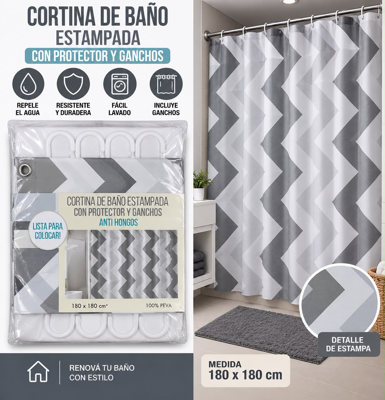 CORTINAS DE BAÑO TEFLON CON PROTECTOR Y GANCHOS 180 X 180 - Imagen 3