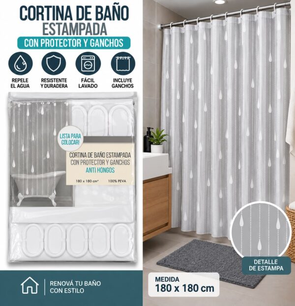 Alternative view of CORTINAS DE BAÑO TEFLON CON PROTECTOR Y GANCHOS 180 X 180