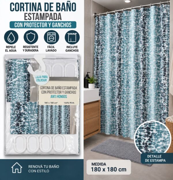 CORTINAS DE BAÑO TEFLON CON PROTECTOR Y GANCHOS 180 X 180