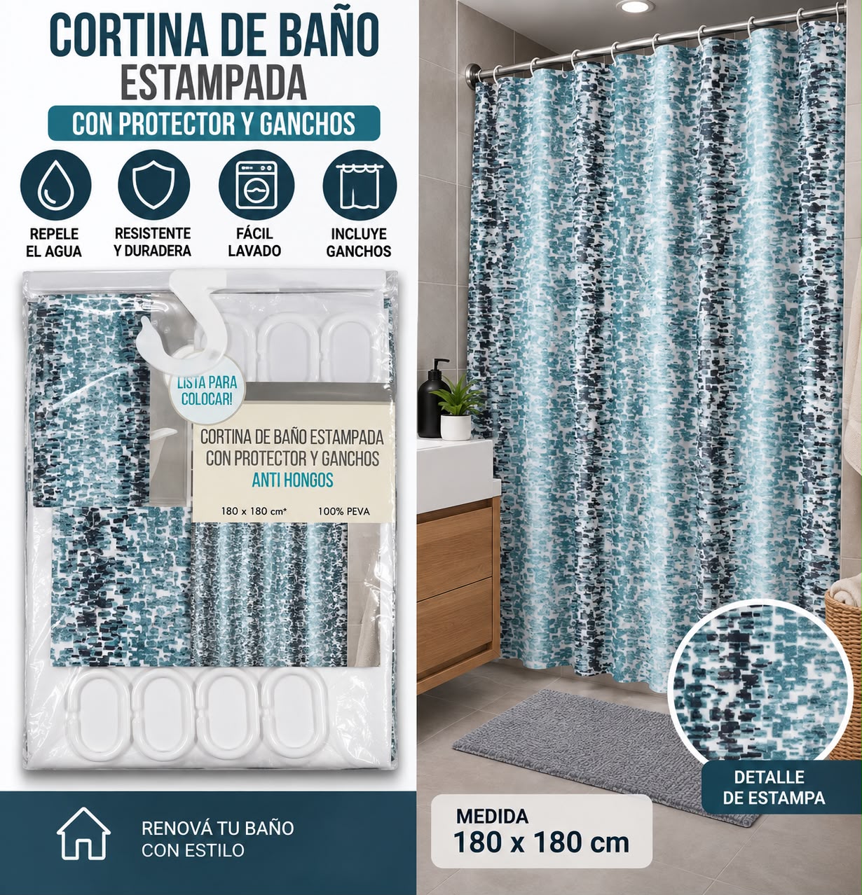 CORTINAS DE BAÑO TEFLON CON PROTECTOR Y GANCHOS 180 X 180