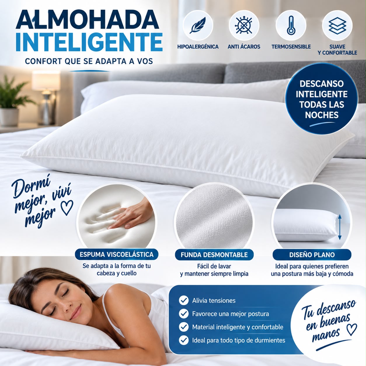 ALMOHADA VISCOELASTICA INTELIGENTE PLANA (CON FUNDA EXTRAIBLE)