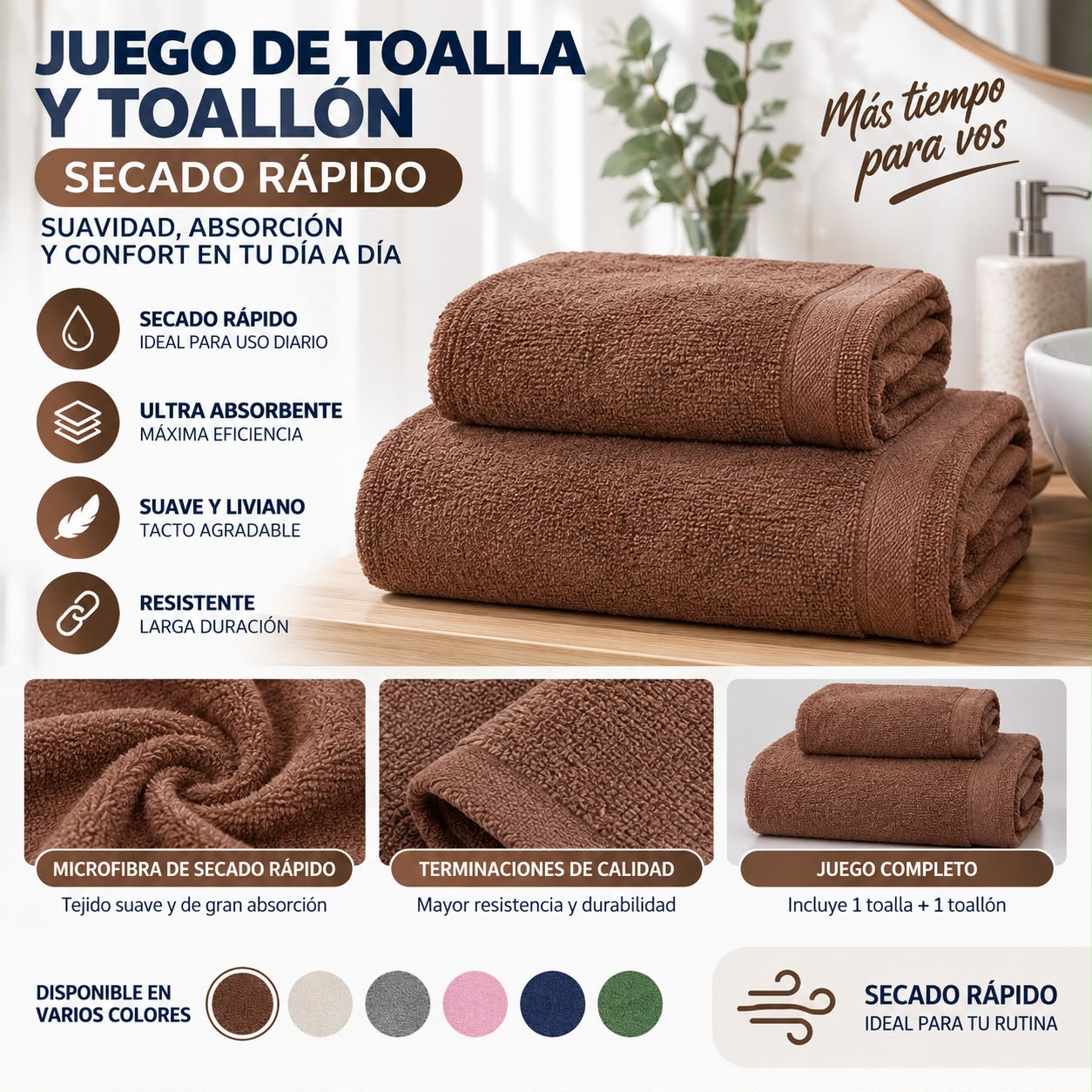 JUEGO DE TOALLA Y TOALLON SECADO RAPIDO LISO 70X140CM - Imagen 3