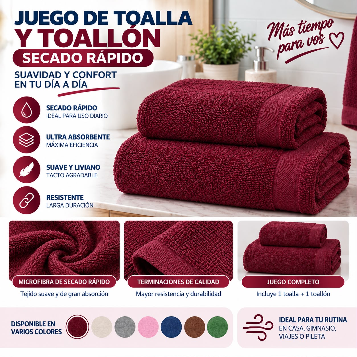 JUEGO DE TOALLA Y TOALLON SECADO RAPIDO LISO 70X140CM