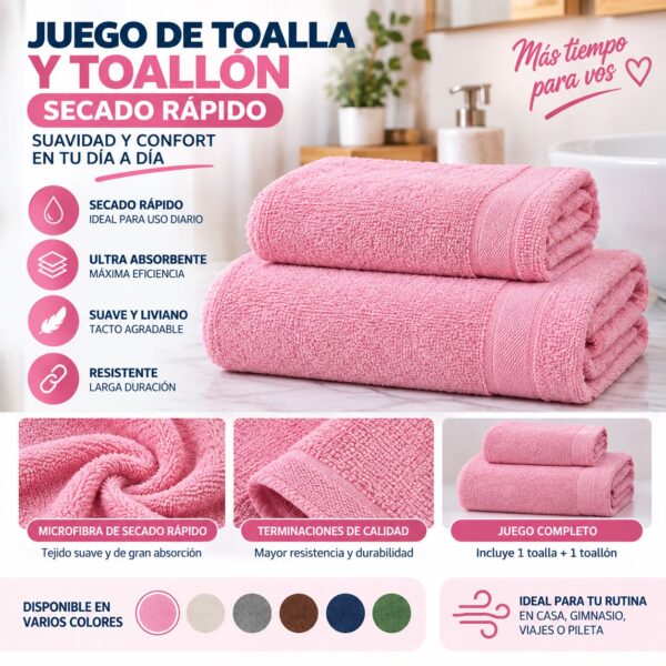 JUEGO DE TOALLA Y TOALLON SECADO RAPIDO LISO 70X140CM - Imagen 5