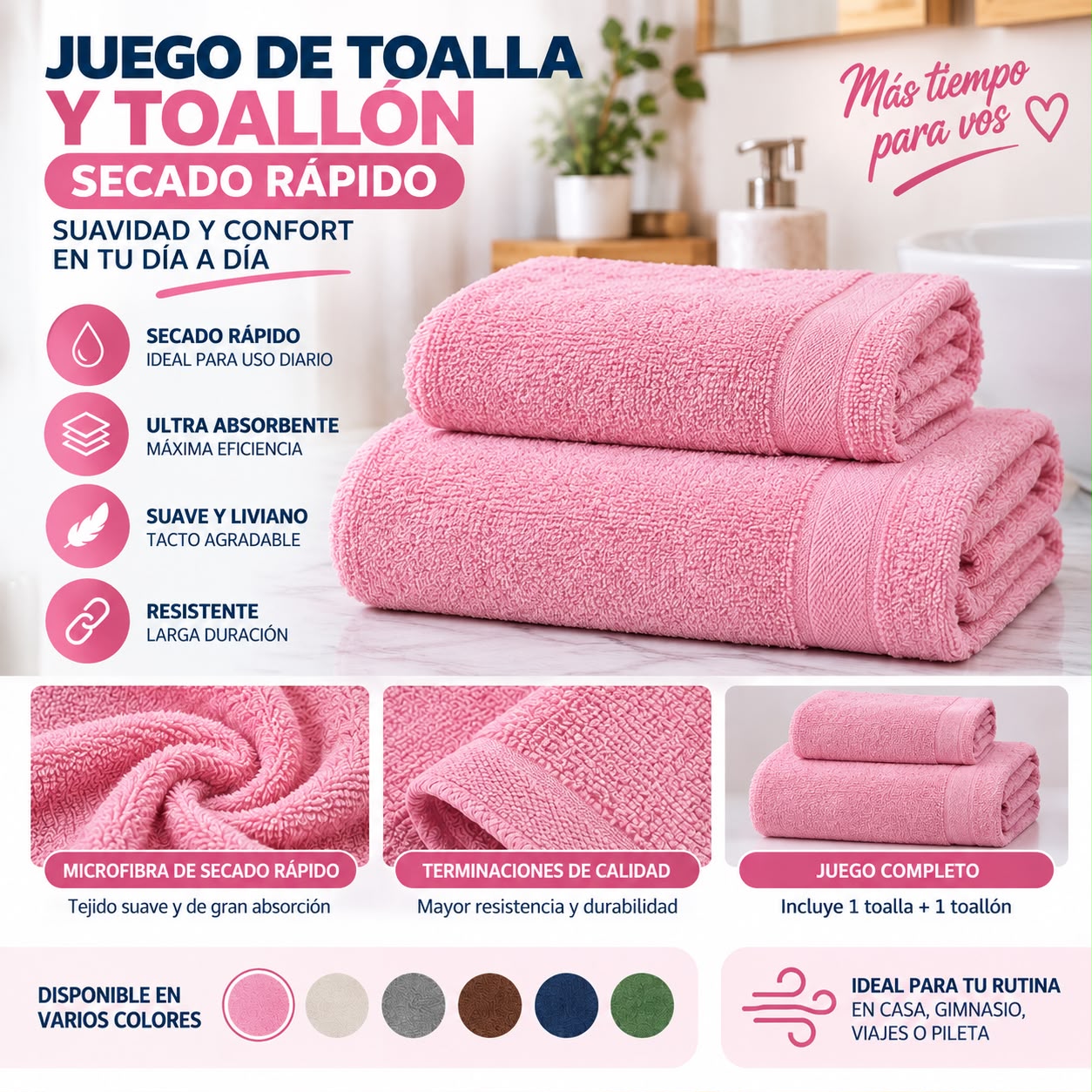 JUEGO DE TOALLA Y TOALLON SECADO RAPIDO LISO 70X140CM - Imagen 5