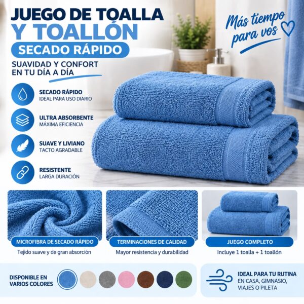 Alternative view of JUEGO DE TOALLA Y TOALLON SECADO RAPIDO LISO 70X140CM