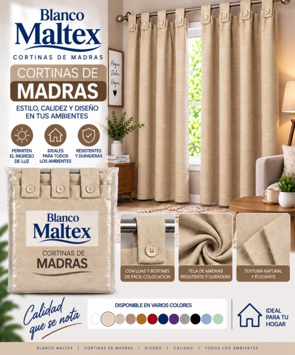 CORTINA DE MADRAS CON BOTON 140 X 210 2 PAÑOS