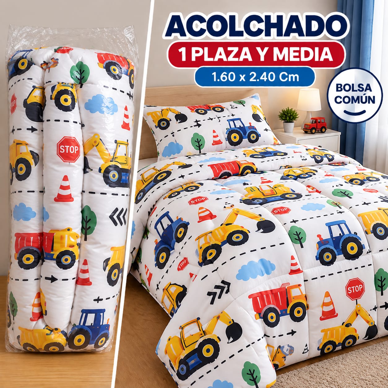 ACOLCHADO 1 PLAZA Y MEDIA INFANTIL BOLSA COMUN NIÑO Y NIÑA 160 X 240CM